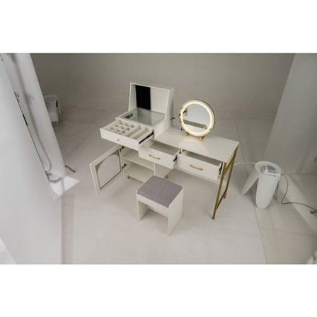 COSTWAY Pigebord og Puf, Justerbart Spejl og Belysning, Glasbordplade, 3 Skuffer, Dør, 120 Pladser til Ringe