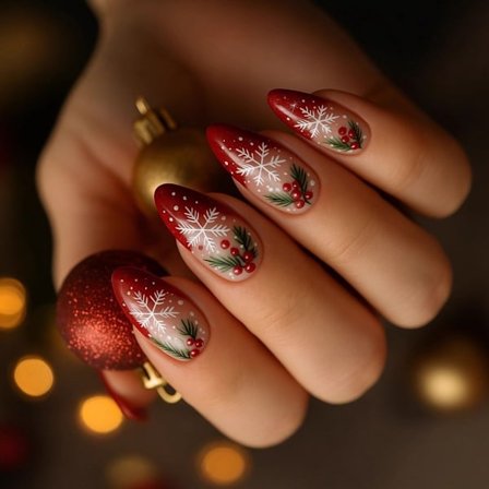 Snöflinga Röda Mandel Lösnaglar 24 st/förpackning ABS Bygg Trendiga Press On Naglar