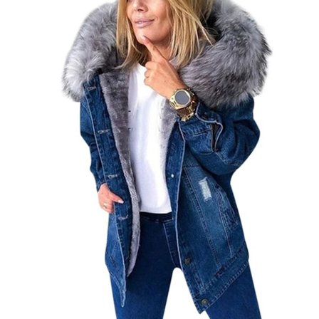 Snygg Parka Retro Plysch Krage Denim Jackor Mode Fleece Fodrad Varm Mid-length