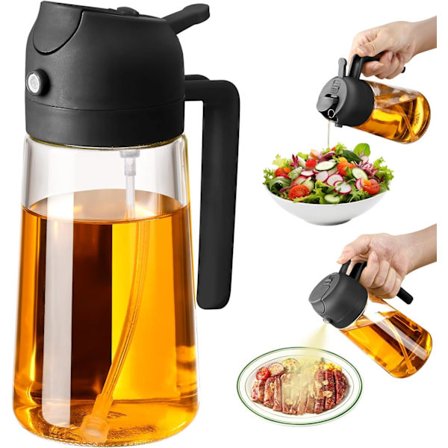 Oliesprøjte til madlavning, 450 ml 2-i-1 glas olie dispenser/hældeflaske, køkkentilbehør, køkken gadgets til airfryer, salat, BBQ (sort)