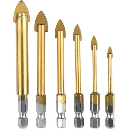 6 kpl kuusiokoloisia lasiporanteriä, keraaminen titaanipinnoite 4mm/5mm/6mm/8mm/10mm/12mm porausväline