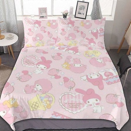 c85 Kuromi og My Melody Dynebetræk Sæt 3-delt Sengesæt Blødt Varmt og Komfortabelt Blødt Sengesæt med 1 Dynebetræk og 2 Pudebetræk til Soveværelse A