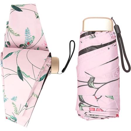 Bärbar fickparaply Mini reseparaply Kompakt UV-paraply Solregn Liten blommig Blad Vindtät Anti paraply 1 pink