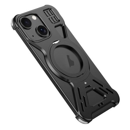 Metalbagside med stativ til iPhone 15 - Sort