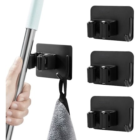 Vægmonteret kost- og moppeholder, 4 dele, rustfrit stål, vægmonteret