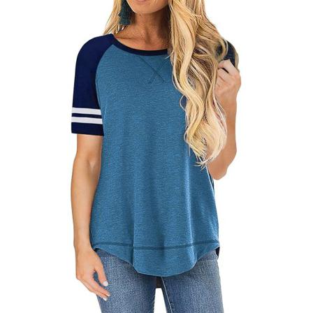 Dam Summer Top T-shirt Med Rund Hals Kontrastsömmar Kort Sl