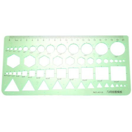 Vihreä muovinen neliö ympyrät kuusikulmiot geometrinen malliviivain 0-20cm