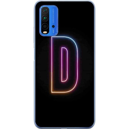Kompatibel Mobilcover til Xiaomi Xiaomi Redmi 9T Minimalistisk neonbogstav D i farveskiftende lys mod sort baggrund i moderne digital design