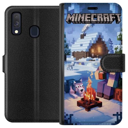 Kompatibelt Plånboksfodral till Samsung Samsung Galaxy A40 Minecraft vintermotiv med Steve, varg, lägereld och snöig stuga spelinspirerad illustrat