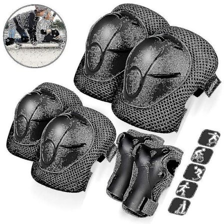 Svarte knebeskyttere og albuebeskyttere for barn til skøyting, sykling, sykkel og rulleskøyter