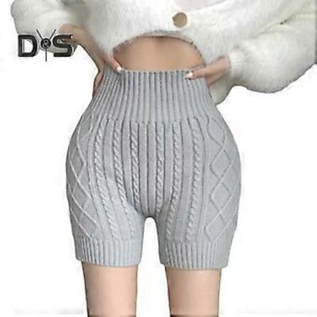 Dame Vintershorts med Høy Midje Strikkede Elastiske Ensfargede Varme Anti-eksponerings Basic Shorts for Hverdagsbruk Hjemme Og Mer (grå)
