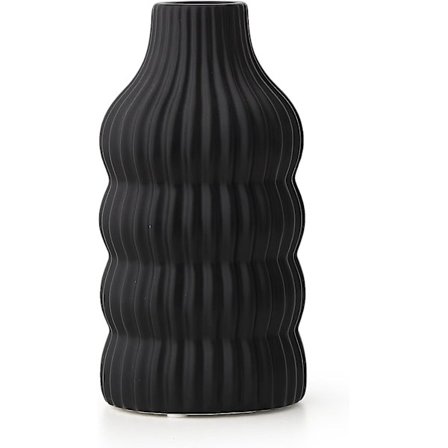 Keramisk vas för heminredning, svart matt räfflad vas för blommor, modern minimalistisk kritstrecksdekorativ vas, unik blomvas för matsal Li