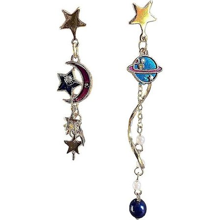 Kreativa Planet Örhängen 925 Sterling Silver Asymmetriska Saturnus Måne Stjärna Rymde Hängande Örhängen Långa Tofs Drop Örhängen Smycken