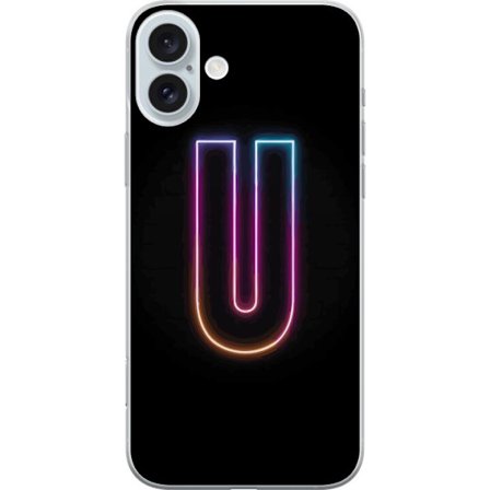 Yhteensopiva Puhelinkuori Apple Apple iPhone 16 Plus Minimaalinen neonkirjain U kirkkaalla valaistustehosteella mustaa taustaa vasten