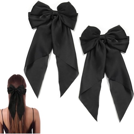 2 stk sorte hårbånd, stort hårspænde med sløjfe ensfarvet stor lang hale fransk blød silkeblød satin hårklemme til kvinder piger (sort)