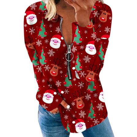 Kvinnor Julgran Printed Dragkedja Pullover V-hals Tunika Blus