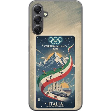 Yhteensopiva Puhelinkuori Samsung Galaxy A35 Mäkihyppykuvitus, jossa hiihtäjä tähtää kiväärillä lumisella radalla, teksti Milano Cortina 2026 ja olymp