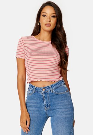 BUBBLEROOM Hallie striped rib top Coral / Striped Klær