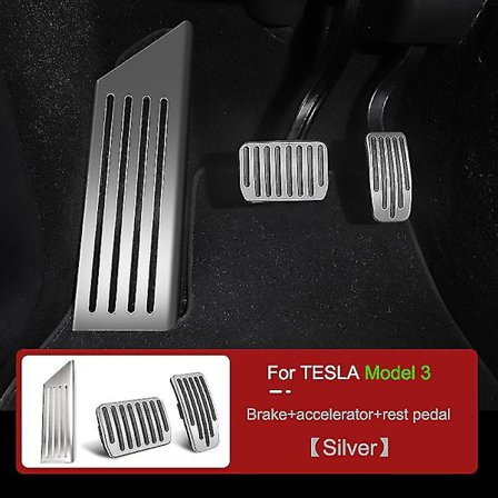 Pedalöverdrag i aluminiumlegering + halkfri silikon för gaspedal, bromspedal och fotstöd till Tesla Model 3/Y 2017-2022 (Model 3 Silver 3PCS)