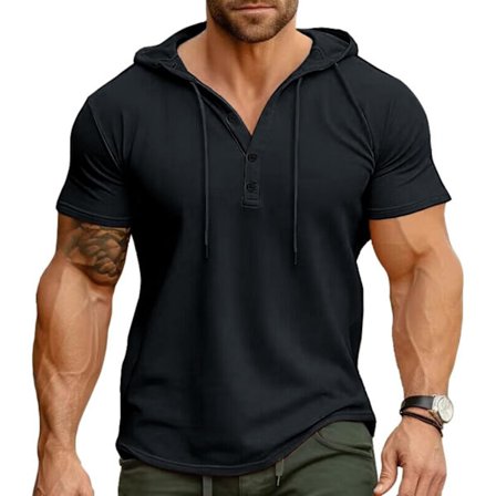 Herr kortärmad huvtröja casual t-shirts mode atletisk huvtröjor knapp sweatshirt