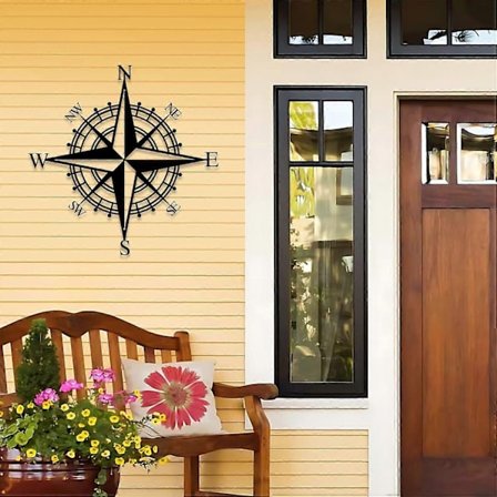 Metal Nautisk Kompas Kunst Vægdekoration Sort Hul Linje Vægskulptur til Kontor, Soveværelse, Stue, Strandtema Dekoration (30 cm)