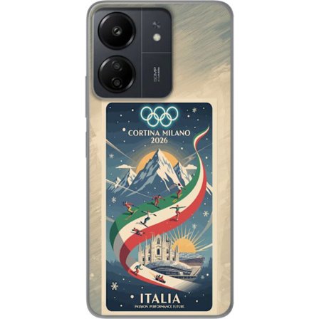 Yhteensopiva Puhelinkuori Xiaomi Redmi 13C Mäkihyppykuvitus, jossa hiihtäjä tähtää kiväärillä lumisella radalla, teksti Milano Cortina 2026 ja olympia