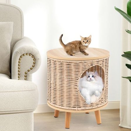Maison til Indendørs Kat COSTWAY 36x41cm, Åndbart PE Rattan Ramme, Gummitræ Ben, MDF Plade, Aftageligt Pude