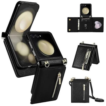 Til Samsung Galaxy Z Flip7 5G Etui Lynlås Pung PU TPU PC Telefon Cover med Skulderrem - Mint Grøn (FMY) Sort Sort