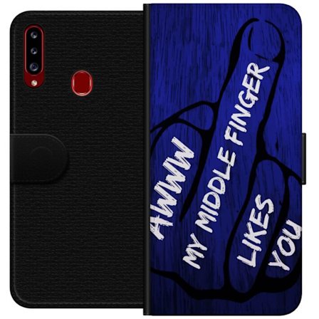 Kompatibelt Lommeboketui til Samsung Galaxy A20s Mørk typografisk illustrasjon med hjerteform og budskap om vennskap mot dyp blå tretekstur