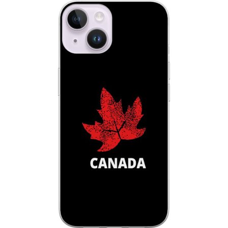 Kompatibel Mobilcover til Apple Apple iPhone 14 Plus Grafisk ahornblad symbol i rødt mod sort baggrund med klar canadisk reference og minimalistisk d