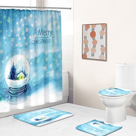 Set med 4 Duschdraperier med Snöscen för Jul, med Halkskyddande Matta