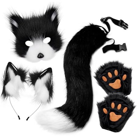Plyschmask med rävsvans och öron set, katt svans räv kostym cosplay dräkt med katt öron och tass handskar halloween cosplay