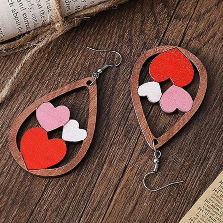 Valentinsdag Kærlighed Hjerter Træ Drop Øreringe Rød Pink Hjerteform Sød Kat Dobbelt Trykt Træ Dangle Øreringe til Kvinder Mor Kæreste