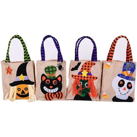 Sæt med 4 stk. genanvendelige gaveposer med håndtag, stor kapacitet til slik, græskar til trick or treat