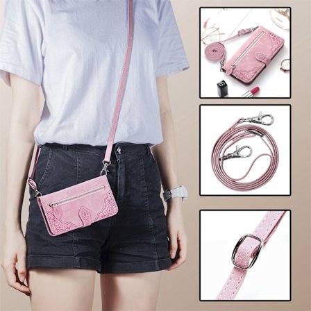 Etui til iPhone 13 Rose gull lær ekstra lang crossbody snor glidelåsveske