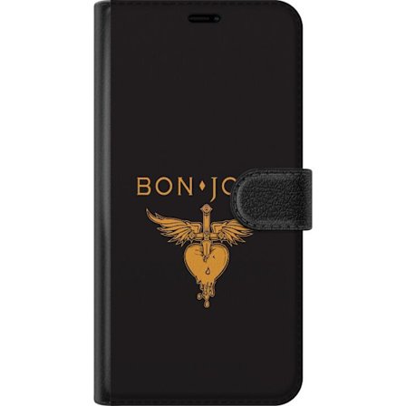 Kompatibelt Plånboksfodral till Motorola Motorola Edge 50 Fusion Ikonisk musikillustration med bevingat hjärta och dolk i guldtoner på mörk bakgru