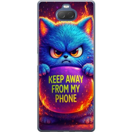 Kompatibel Mobilcover til Sony Sony Xperia 10 Plus Vred luvat blå kat med teksten "Hold dig væk fra min telefon" i neonfarver og ildlignende effekte