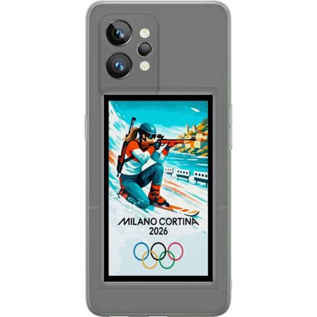 Yhteensopiva Puhelinkuori Realme GT2 Pro Retrojuliste Cortina Milano 2026 vuorilla, talviurheilijoilla, italiankoloreilla, Milanon tuomiokirkolla ja o
