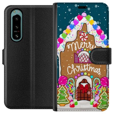 Kompatibelt Plånboksfodral till Sony Sony Xperia 5 IV Pepparkakshus med färgglatt godis snö och Merry Christmas-text, perfekt för julälskare som