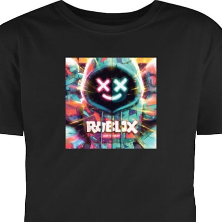 Lapsen t-paita Neonväristä Roblox-hupparihahmoa, jossa on hehkuvia efektejä ja energialataava tausta, moderni peli-illustraatio rohkeassa värivali