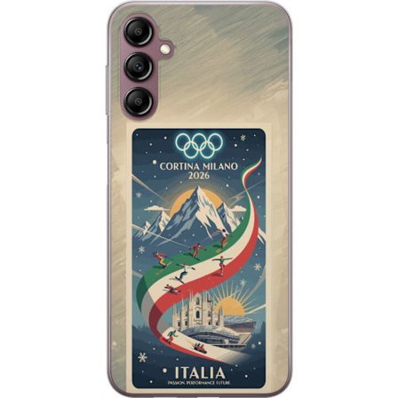 Yhteensopiva Puhelinkuori Samsung Galaxy A14 5G Mäkihyppykuvitus, jossa hiihtäjä tähtää kiväärillä lumisella radalla, teksti Milano Cortina 2026 ja ol