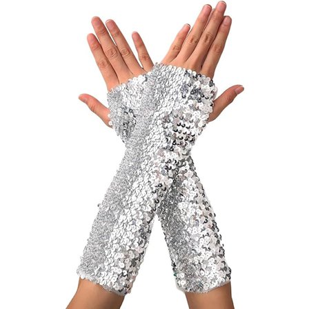 Kvinners glitter fingerløse lange hansker, sølv, egnet for kostymer
