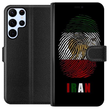 Kompatibelt Lommeboketui til Samsung Galaxy S24 Ultra Fingeravtrykkformat som Irans flagg med løvemotiv på svart dramatisk bakgrunn