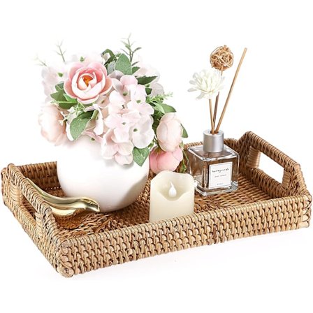 Flettet serveringsbrett i rotting - Dekorativt displaybrett - Oppbevaringsskåler med håndtak - Bordplatearrangørskuff for kaffe, drikke, frokost, te, 