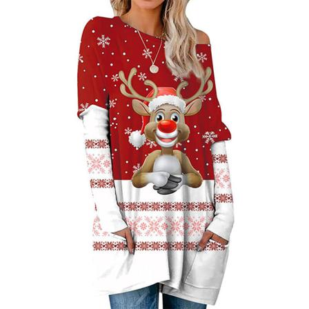 Kvinnor Långärmad Xmas T-shirt Med Rund Hals Med Fickor