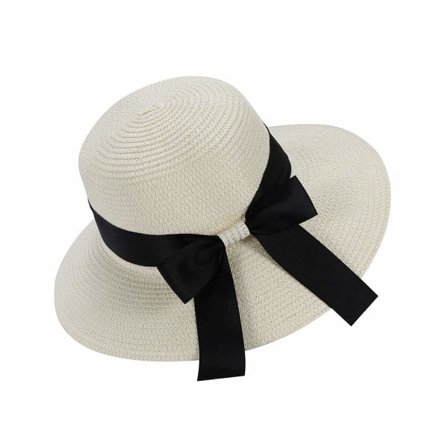 Dame Sommer Halmhat Solhat UV-beskyttelse Strandkasket Foldbar Skygge Floppy Hat Bred Skygge med Rem Sløjfe hvid
