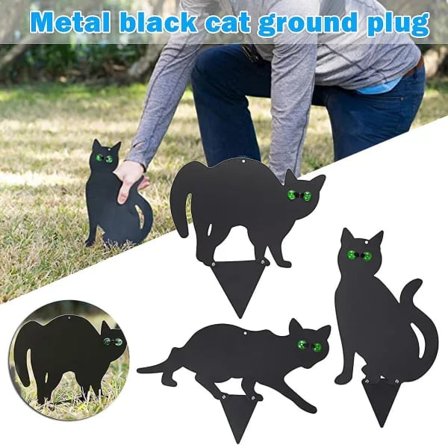 Kattfigur Trädgårdsdekoration Set 3 st 2D Livsliknande Kattunge Med Reflekterande Ögon Metallstaty Pinne För Trädgård Gräsmatta Svart Ny