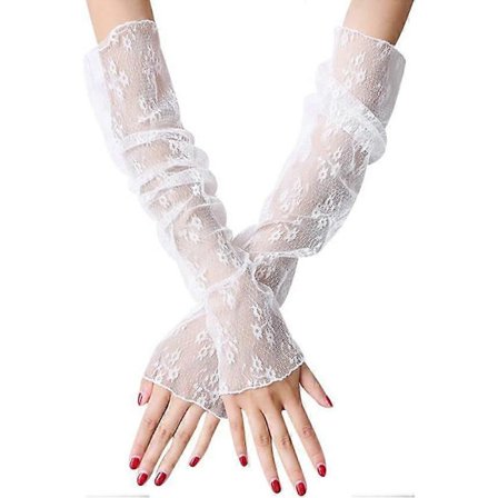 1 par fingerløse handsker, elegante blondehandsker lange albuelange fingerløse handsker solbeskyttelse, sorte prikker, hvid blomst