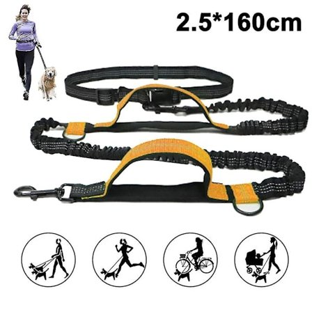 Jogging Hundesnor, Opgrader Handsfree Hundesnor Med To Bungees, Lang Nylon Hundesnor Med Justerbart Taljebælte Fluorescerende Orange