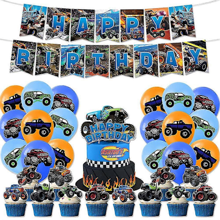 Monster Jam Maximum Game -syntymäpäiväjuhlien koristebanneri, kakunkoristeet ja ilmapallosetti